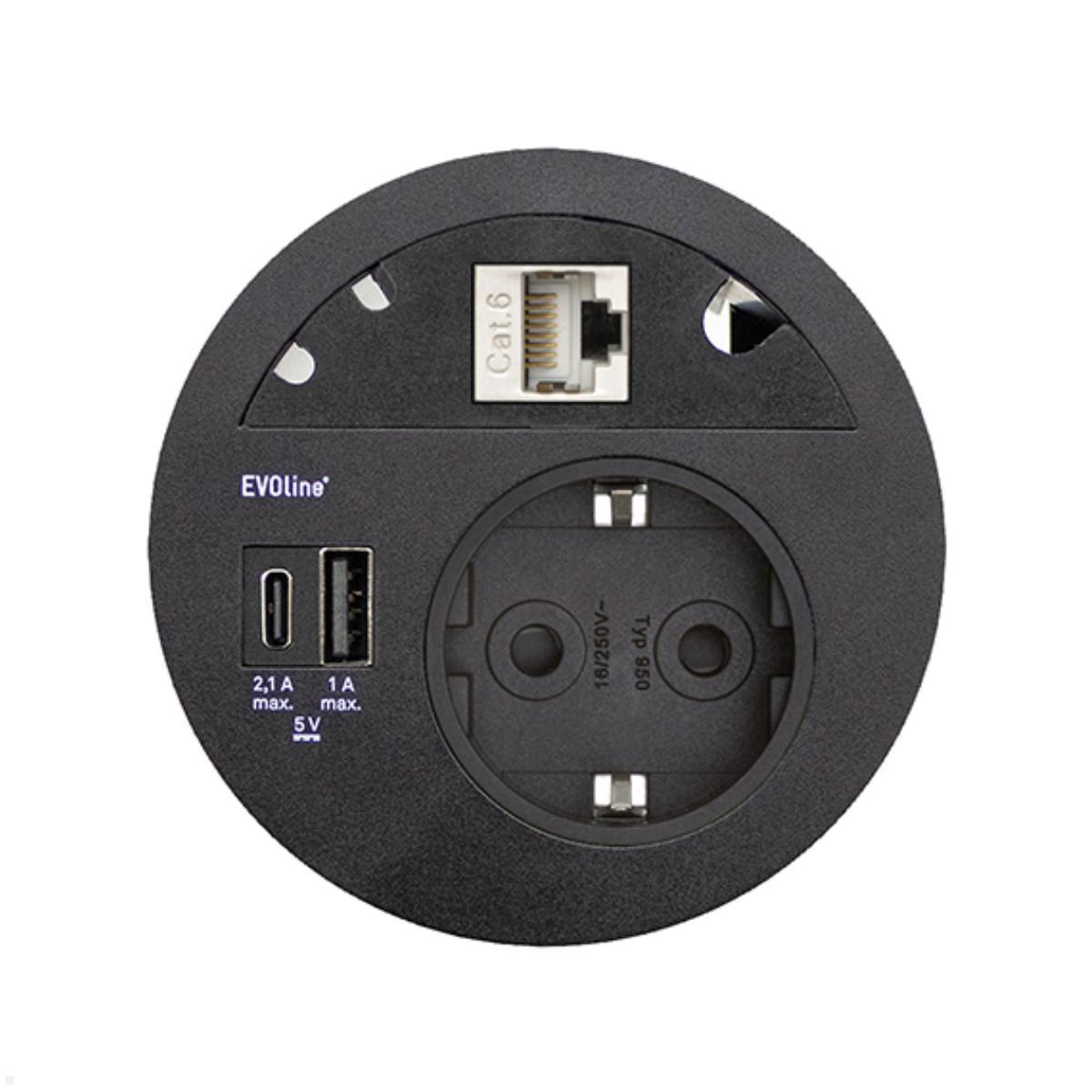EVOline Circle80 Einbausteckdose mit USB-Charger A/C, Blende CAT6, schwarz von EVOline