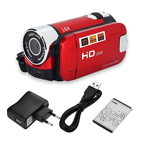 EVTSCAN HD Digital Video Camera Camcorder, tragbarer Vlog Camera Recorder 1080P 16MP 2,7 Zoll 270 Grad Drehung LCD-Bildschirm 16X Digital Zoom DV Camcorder(EU Rot) von EVTSCAN