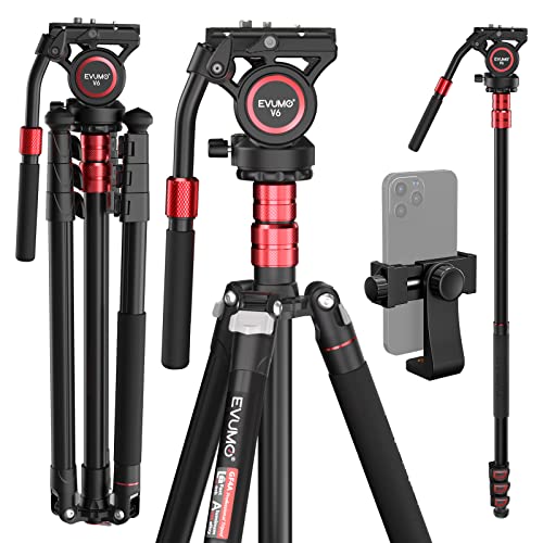 EVUMO Videostativ 200cm, Alu Overhead Stativ-Kamera-Stativ-Profi Umbaubar Zum Monopods, Heavy Duty Kamera-Video-Stativ-Groß Tripod Mit-360-Grad-Fluidkopf-Für DSLR Kamera Und Camcorder, 12kg Tragkraft von EVUMO