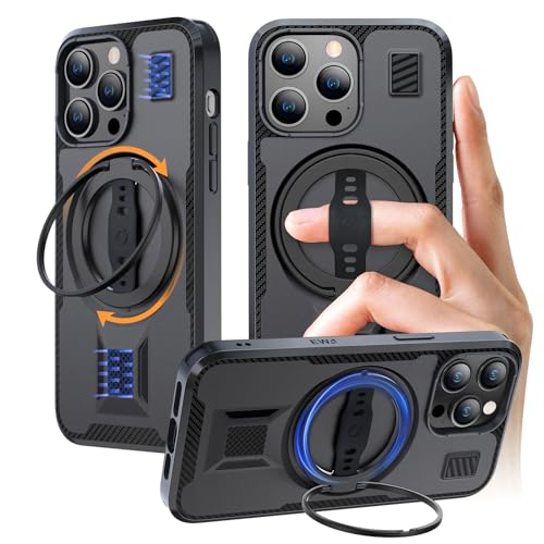 EWA Handyhülle für iPhone 15 Pro Max, kompatibel mit Magsafe, mit Ringständer, Silikonriemen, doppeltem Magnetverschluss auf der Rückseite, robustem Fallschutz, 6,7 Zoll, schwarz von EWA