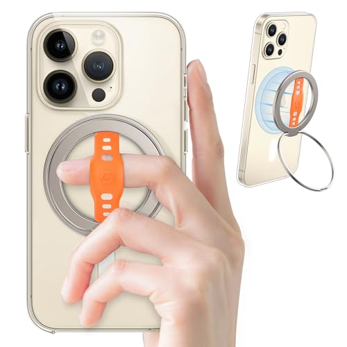 EWA MagOne (Upgrade), kompatibel mit MagSafe-Handy-Ständer mit Silikon-Fingerschlaufe, abnehmbarer magnetischer Ringhalter, Ständerschlaufe, nur für iPhone 15, 14, 13 Pro/Max/Plus, Champagnerorange von EWA