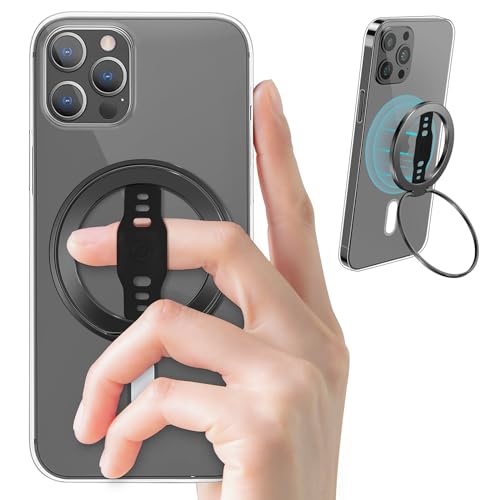 EWA Neue MagOne (Aktualisierung) Kompatibel mit MagSafe Telefon Griff Stand mit Silikon Fingerband, Abnehmbare Magnetische Ringhalterung Kickstand Schleife, Nur für iPhone 13,12 Pro/Max/Mini(Schwarz) von EWA