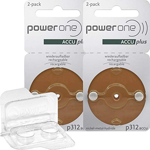 4X Für PowerOne Braun accu 312 Hörgeräteakku (2X 2er Blister) + EWANTO Aufbewahrungsbox für Zwei Akkus von EWANTO