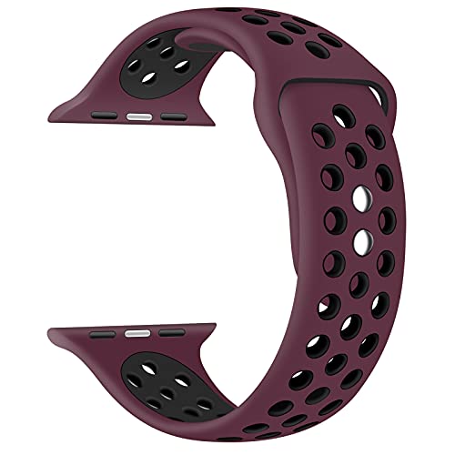 EWENYS Sportarmband aus Doppelten Stifte kompatibel mit Apple Watch Series 9 8 7 45mm Ultra 49mm, Series 6 5 4 SE 44mm, Series 3 2 1 42mm Silikon Nike Sport Uhr Armband(Pflaume schwarz) von EWENYS