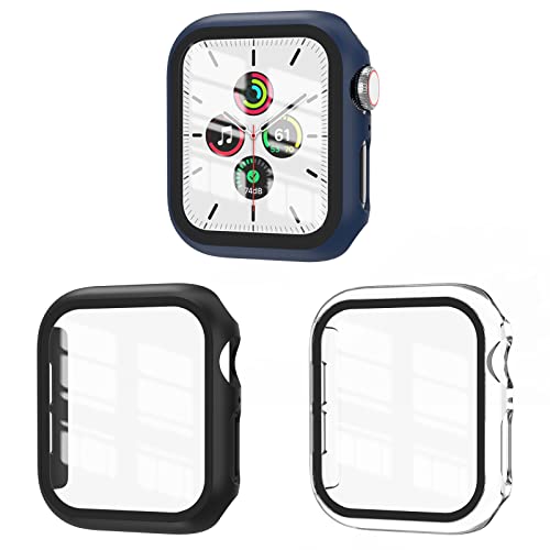 EWUONU Hülle kompatibel mit Apple Watch SE Serie 6/5/4 44 mm mit gehärtetem Glas-Displayschutzfolie, Hart-PC, volle Abdeckung, HD-Stoßfänger-Schutzhülle für iWatch 44 mm, schwarz/blau/transparent von EWUONU