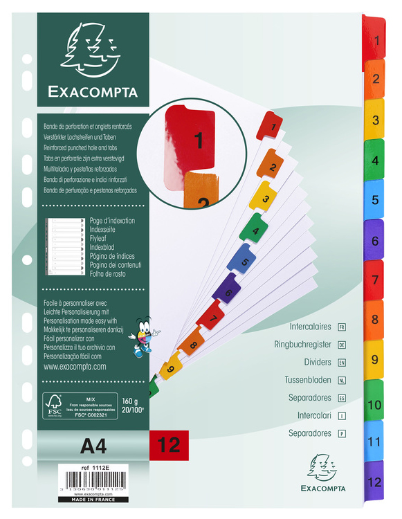 EXACOMPTA Karton-Register 1-12, DIN A4, weiß, 12-teilig von EXACOMPTA