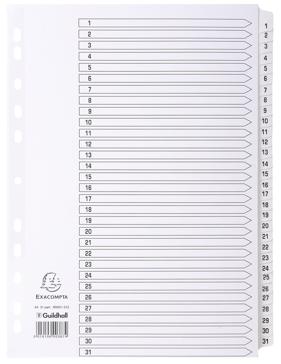 EXACOMPTA Karton-Register 1-31, DIN A4, weiß, 31-teilig von EXACOMPTA