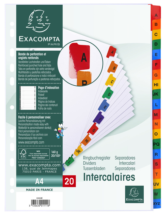 EXACOMPTA Karton-Register A-Z, DIN A4, weiß, 20-teilig von EXACOMPTA