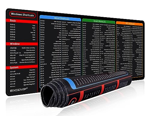 excovip Excel Mauspad 70x30cm - Mousepad mit Tastenkombinationen für Windows und Excel - Rutschfester Mouse Pad - Gaming Mauspad in schwarz - Mousepad Gaming mit glatter Oberflächen - Vernähte Kanten von EXCO