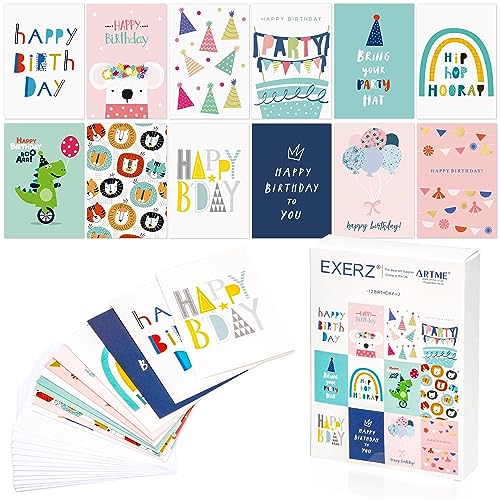 EXERZ 24 verschiedene Grußkarten im Multipack zum Geburtstag – 12 Designs x2 Alles Gute zum Geburtstagskarten. Geeignet für Kinder und Erwachsene, Jungen und Mädchen. von EXERZ