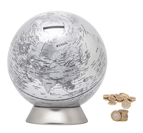 Exerz Globus Spardose/Sparbüchse/Sparschwein -Durchmesser 16 cm - Zeitgenössisch Metallisch Aussehen, Pädagogisch, Für Schule, Zuhause, Bürodekoration - Karte in Englisch - Silber von EXERZ