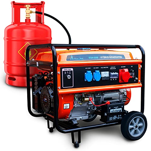 EXTRALINK EGH-5500 Stromgenerator Hybrid Gas LPG CNG Benzin Stromerzeuger 5,5kW 3F Generator 5000W Tankihalt 25L Überlastschutzsystem Überlastschutz Easy-Start 2x AC 230V Notstromagreggat Camping von EXTRALINK