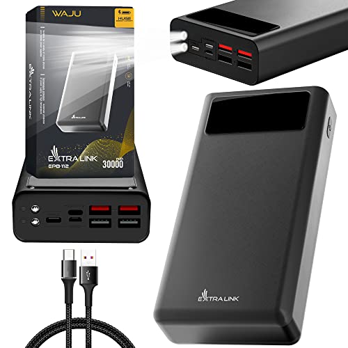 Power Bank 30000 mAh 5V Power Bank USB C Micro-USB Lightning Robustes Gehäuse Lithium-Polymer-Akku Digitale Anzeige Externe Handyakkus Kompakte Größe 4 Geräte gleichzeitig LED-Taschenlampe Powerbank von EXTRALINK