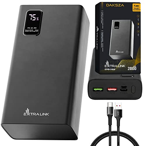 Powerbank 20000mAh Powerbank Schnellladefunktion bis zu 22,5W Power Bank USB C Micro-USB Robustes Gehäuse Lithium-Polymer-Akku Fast Charge Digitale Anzeige Externe Handyakkus 3 Geräten gleichzeitig von EXTRALINK