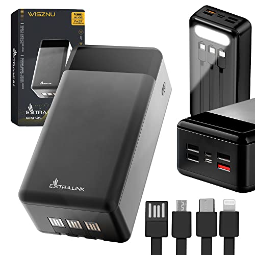 Powerbank Ladegerät 30000 mAh 3 Kabel für Verschiedene Steckertypen (USB-C Micro - USB outputs) Doppelte LED-Taschenlampe Lithium-Polymer-Akku Externe Handyakku schwarz von EXTRALINK