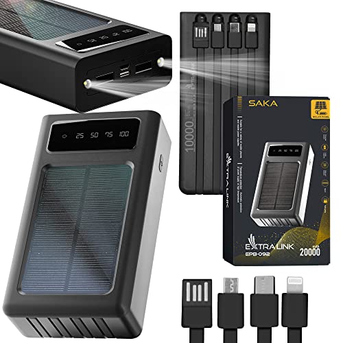 Powerbank Solar 20000mAh Solarpanel 1W Solar Ladegerät 4 Kabel für Verschiedene Steckertypen USB-C Micro-USB LED-Taschenlampe Lithium-Polymer-Akku Solar Powerbank Outdoor Powerbank Solar Charger von EXTRALINK