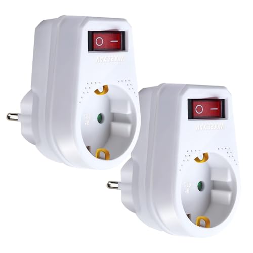 EXTRASTAR 1 Fach Steckdose mit Schalter, 2 Stück - Steckdosenleiste Weiß, Steckerleiste Max.3500W, Zwischenstecker von EXTRASTAR