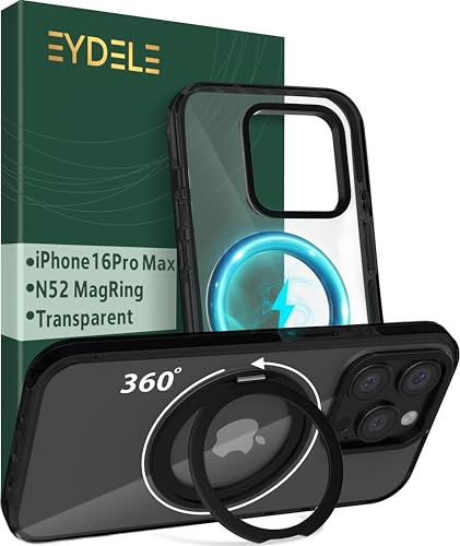 EYDELE MagRing Hülle für iPhone 16 Pro Max [ 360° Ständer kompatibel mit MagSafe ] - magnetische Hybrid Handyhülle - Rückseite Hart & Silikon Rand in Schwarz von EYDELE