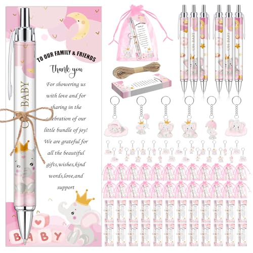 EYNDYN 289 Stück Babyparty-Geschenke für Gäste, rosa Elefant, Kugelschreiber und Schlüsselanhänger, Gastgeschenke, einziehbare Babyparty-Stifte, Geschlechtsoffenbarung, Grußkarten, Souvenirs, Preise von EYNDYN