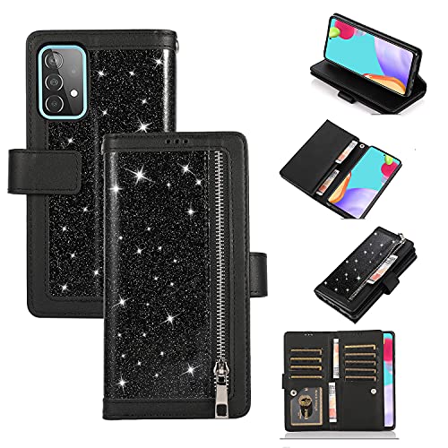 EYZUTAK Geldbörsen Handyhülle für Samsung Galaxy A52/A52S 5G Case,PU Lederhülle TPU Klapphülle Reißverschluss Brieftasche mit 9 Kartenfächern Magnetverschluss -Schwarz von EYZUTAK