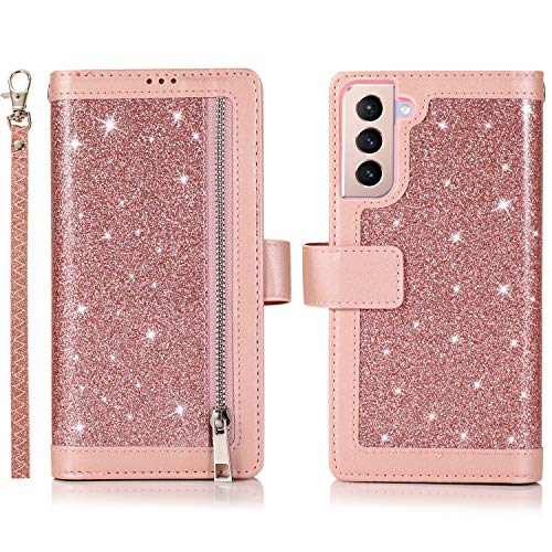 EYZUTAK Geldbörsen Handyhülle für Samsung Galaxy S21 5G Case, PU Lederhülle TPU Klapphülle Reißverschluss Brieftasche mit 9 Kartenfächern Magnetverschluss -Roségold von EYZUTAK