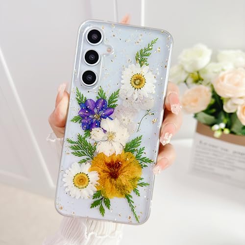 EYZUTAK Getrocknete Blumen Hülle für Samsung Galaxy A35 5G, Weiche Schlanke TPU Klar Funkeln Sterne Glitzer Silikon Gel Stoßfeste Blume Schutztasche für Damen und Mädchen-Gelb+Weiß EYZUTAK Getrocknete Blumen Hülle für Samsung Galaxy A35 5G, Weiche Schlanke TPU Klar Funkeln Sterne Glitzer Silikon Gel Stoßfeste Blume Schutztasche für Damen und Mädchen-Gelb+Weiß von EYZUTAK