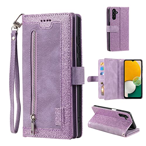 EYZUTAK Handyhülle für Samsung Galaxy A34 5G,Flip Case Lederhülle Reißverschluss Magnetverschluss Brieftasche mit 9 Kartenfächern Standfuntion Retro Matt Ledertasche-Glitzer Lila von EYZUTAK