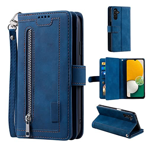 EYZUTAK Handyhülle für Samsung Galaxy A55 5G,Flip Case Lederhülle Reißverschluss Magnetverschluss Brieftasche mit 9 Kartenfächern Standfuntion Retro Matt Ledertasche-Blau von EYZUTAK
