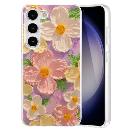 EYZUTAK Handyhülle für Samsung Galaxy S23, Bunte Vintage Ölgemälde Blume Laser Glänzende Hülle Niedliche Blumen Handyhülle Mode Langlebige Schutzhülle für Mädchen Frauen-Rosa von EYZUTAK