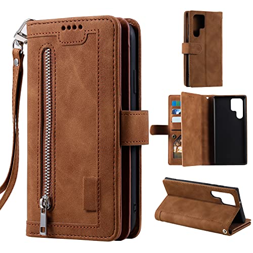 EYZUTAK Handyhülle für Samsung Galaxy S23 Ultra,Flip Case Lederhülle Reißverschluss Magnetverschluss Brieftasche mit 9 Kartenfächern Standfuntion Retro Matt Ledertasche-Braun von EYZUTAK