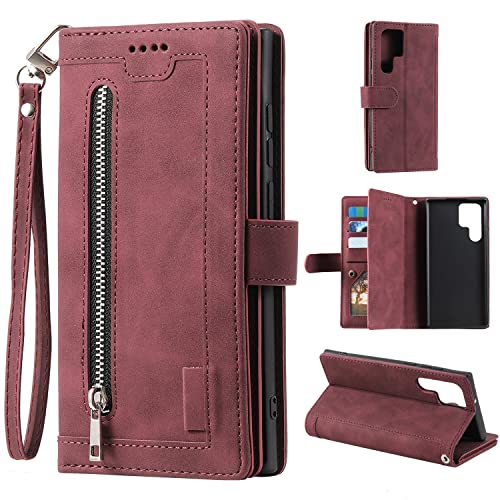 EYZUTAK Handyhülle für Samsung Galaxy S23 Ultra,Flip Case Lederhülle Reißverschluss Magnetverschluss Brieftasche mit 9 Kartenfächern Standfuntion Retro Matt Ledertasche-Tiefrot von EYZUTAK