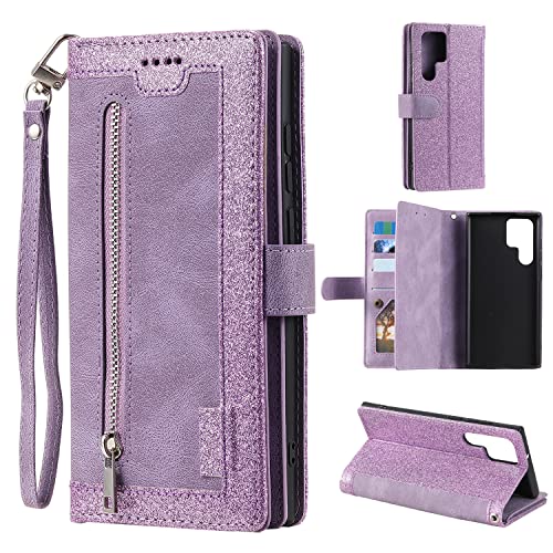 EYZUTAK Handyhülle für Samsung Galaxy S24 Ultra,Flip Case Lederhülle Reißverschluss Magnetverschluss Brieftasche mit 9 Kartenfächern Standfuntion Retro Matt Ledertasche-Glitzer Lila von EYZUTAK