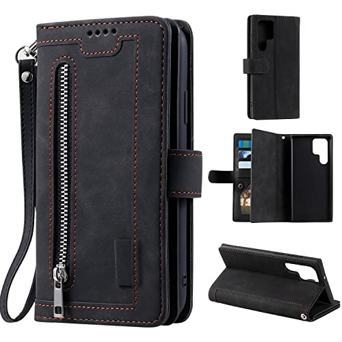 EYZUTAK Handyhülle für Samsung Galaxy S24 Ultra,Flip Case Lederhülle Reißverschluss Magnetverschluss Brieftasche mit 9 Kartenfächern Standfuntion Retro Matt Ledertasche-Schwarz von EYZUTAK