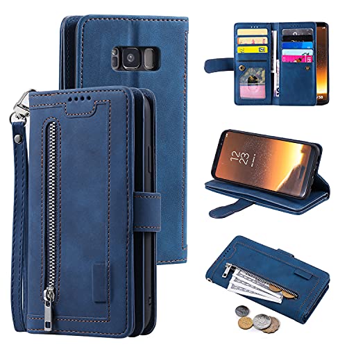 EYZUTAK Handyhülle für Samsung Galaxy S8 Plus Hülle,Flip Case Lederhülle Reißverschluss Magnetverschluss Brieftasche mit 9 Kartenfächern Standfuntion Retro Matt Ledertasche-Blau von EYZUTAK