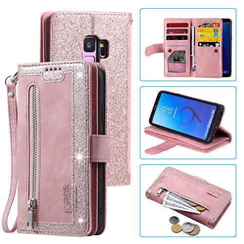 EYZUTAK Handyhülle für Samsung Galaxy S9 Plus Hülle,Flip Case Lederhülle Reißverschluss Magnetverschluss Brieftasche mit 9 Kartenfächern Standfuntion Retro Matt Ledertasche-Roségold von EYZUTAK