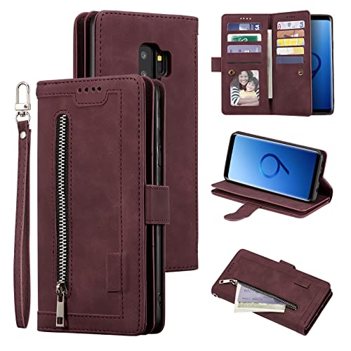 EYZUTAK Handyhülle für Samsung Galaxy S9 Plus Hülle,Flip Case Lederhülle Reißverschluss Magnetverschluss Brieftasche mit 9 Kartenfächern Standfuntion Retro Matt Ledertasche-Tiefrot von EYZUTAK