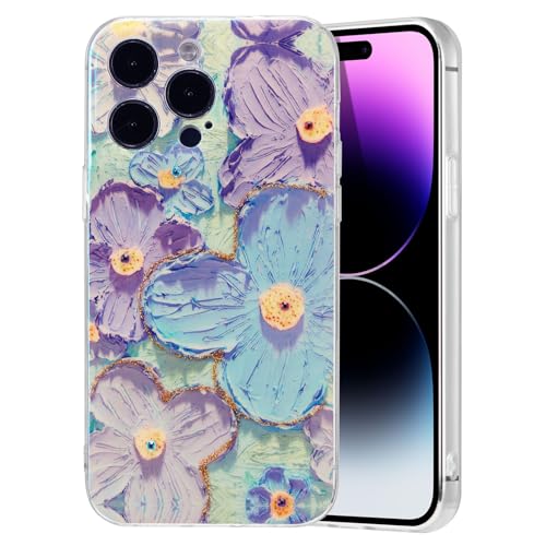 EYZUTAK Handyhülle für iPhone 13 Pro Max, Bunte Vintage Ölgemälde Blume Laser Glänzende Farbige Diamante Hülle Niedliche Blumen Handyhülle Mode Langlebige Schutzhülle für Mädchen Frauen-Purple Blume von EYZUTAK