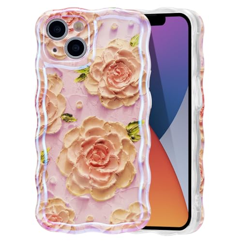 EYZUTAK Handyhülle für iPhone 14,Ölgemälde Pfingstrose Blume Handyhülle mit Glitzer Hülle Lockiges Wellen Rahmenform Soft TPU Case Ultradünne Silikon Stoßfeste Schutzhülle Bumper Cover-Rosa von EYZUTAK