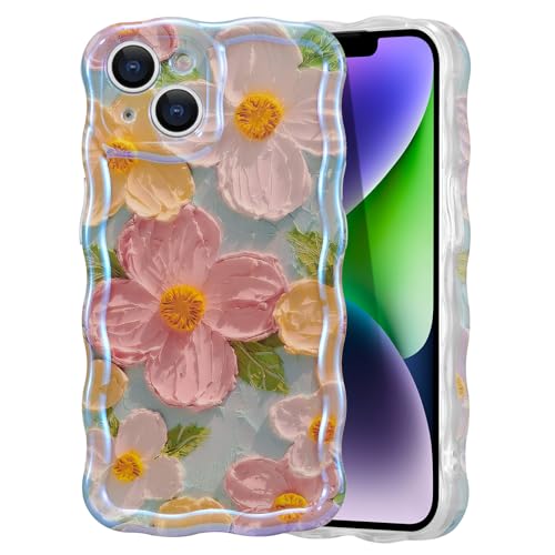 EYZUTAK Handyhülle für iPhone 14,Vintage Ölgemälde Blume Handyhülle mit Glitzer Laserblume Hülle Lockiges Wellen Rahmenform Soft TPU Case Ultradünne Silikon Stoßfeste Schutzhülle Bumper Cover-Grün von EYZUTAK