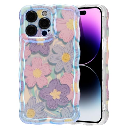 EYZUTAK Handyhülle für iPhone 14 Pro,Vintage Ölgemälde Blume Glitzer Laserblume Hülle Lockiges Wellen Rahmenform Langlebig Soft TPU Case Bunte Ultradünne Anti-Kratzen Stoßfeste Schutzhülle-Rosa Lila von EYZUTAK