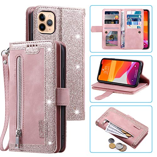 EYZUTAK Handyhülle für iPhone 14 Pro 6.1 Hülle,Flip Case Lederhülle Reißverschluss Magnetverschluss Brieftasche mit 9 Kartenfächern Standfuntion Retro Matt Ledertasche-Roségold von EYZUTAK