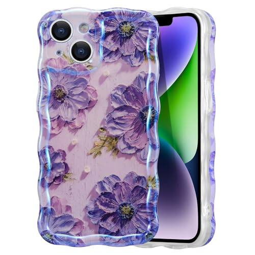 EYZUTAK Handyhülle für iPhone 15,Vintage Ölgemälde Blume Handyhülle mit Glitzer Laserblume Hülle Lockiges Wellen Rahmenform Soft TPU Case Ultradünne Silikon Stoßfeste Schutzhülle Bumper Cover-Violett von EYZUTAK