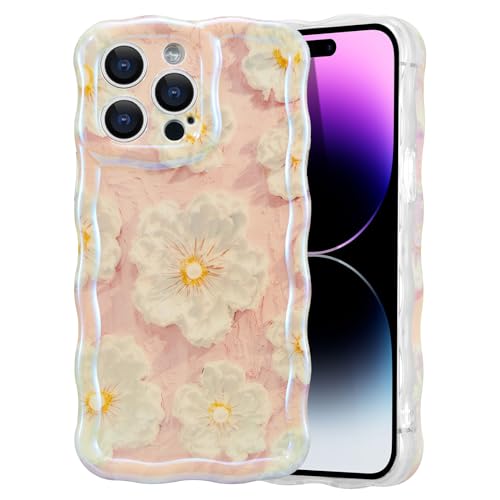 EYZUTAK Handyhülle für iPhone 15 Pro Max,Vintage Ölgemälde Blume Lockiges Weiche TPU Case,Mode Langlebige Hülle mit Laserblume Ultra Dünne Stoßfeste Schutzhülle für Frauen Mädchen-Rosa # von EYZUTAK