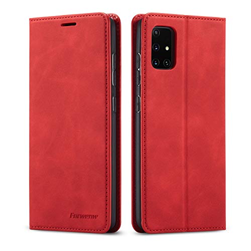 EYZUTAK Hülle für Samsung Galaxy A41, Magnetverschluss Premium PU Leder Flip Case mit Kartenfächern Brieftasche Standfuntion stoßfeste Silikonhülle Retro Ledertasche - Rot von EYZUTAK