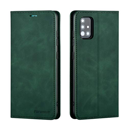 EYZUTAK Hülle für Samsung Galaxy A51 4G Case, Magnetverschluss Premium PU Leder Flip Case mit Kartenfächern Brieftasche Standfuntion stoßfeste Silikonhülle Retro Ledertasche - Grün von EYZUTAK