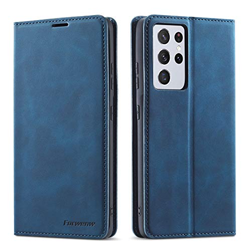 EYZUTAK Hülle für Samsung Galaxy S21 Ultra 5G Phone Case, Magnetverschluss Premium PU Leder Flip Case mit Kartenfächern Brieftasche Standfuntion stoßfeste Silikonhülle Retro Ledertasche -Blau von EYZUTAK