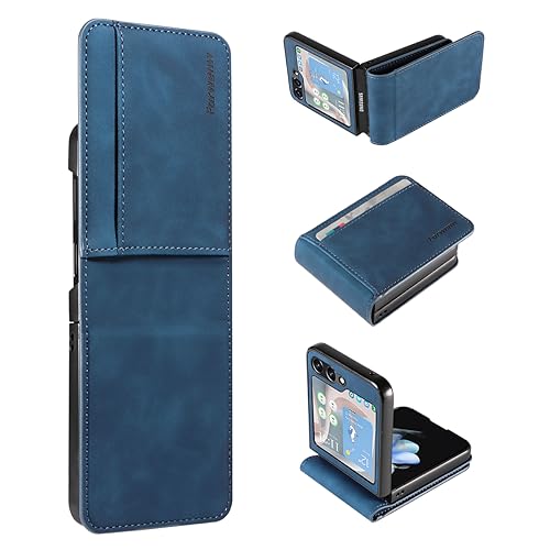 EYZUTAK Hülle für Samsung Galaxy Z Flip 5 5G, Magnetverschluss Premium PU Leder Flip Case mit Kartenfächern Brieftasche Standfuntion stoßfeste Silikonhülle Retro Ledertasche - Blau von EYZUTAK