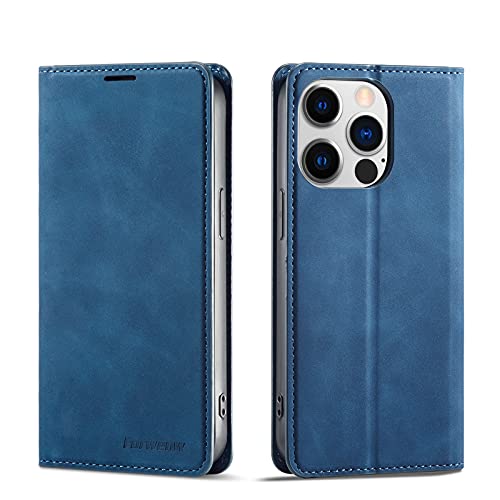 EYZUTAK Hülle für iPhone 13 Pro (6.1 Zoll), Magnetverschluss Premium PU Leder Flip Case mit Kartenfächern Brieftasche Standfuntion stoßfeste Silikonhülle Retro Ledertasche - Blau von EYZUTAK