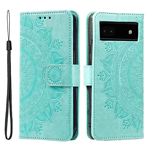 EYZUTAK Mandala Handyhülle für Google Pixel 6A,Ultra Slim Flip Case mit Kartensteckplatz Magnetverschluss,Prägung PU Leder Klapphülle mit Standfunction und Lanyard,Klappbar Hülle für Google 6a-Grün von EYZUTAK