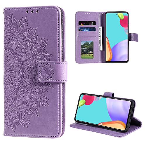 EYZUTAK Mandala Handyhülle für Samsung Galaxy A51 4G,Ultra Slim Flip Case mit Kartensteckplatz Magnetverschluss,Prägung PU Leder Klapphülle, Hülle mit Standfunction und Lanyard,Klappbar Motiv-Lila von EYZUTAK